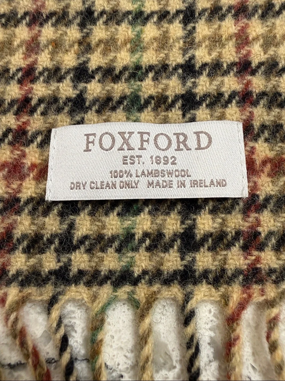 Foxford Ireland 100% Lambswool Plaid Houndstooth Scarf Tan Brown Green Fringe